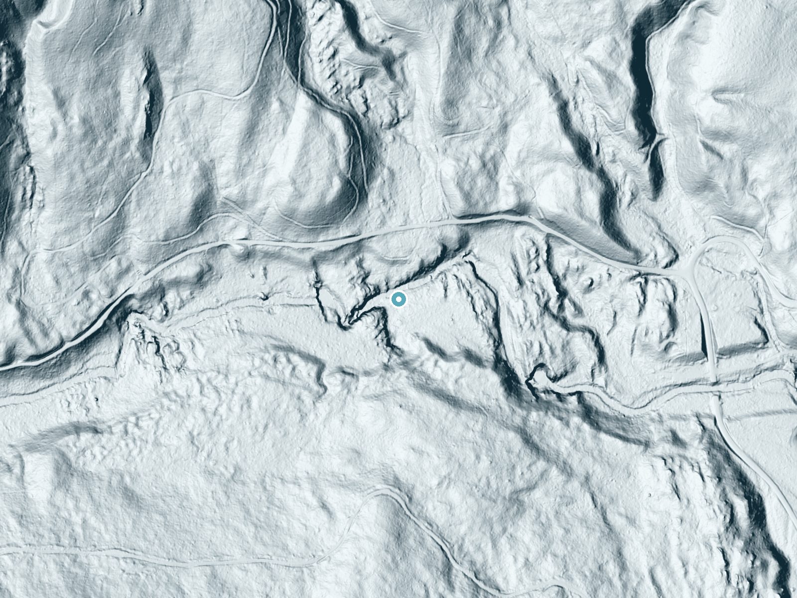 LiDAR bare-earth terrain around Lower Falls near Yaak, Montana, showing about 55 feet of drop, a steep tiered drop, facing east