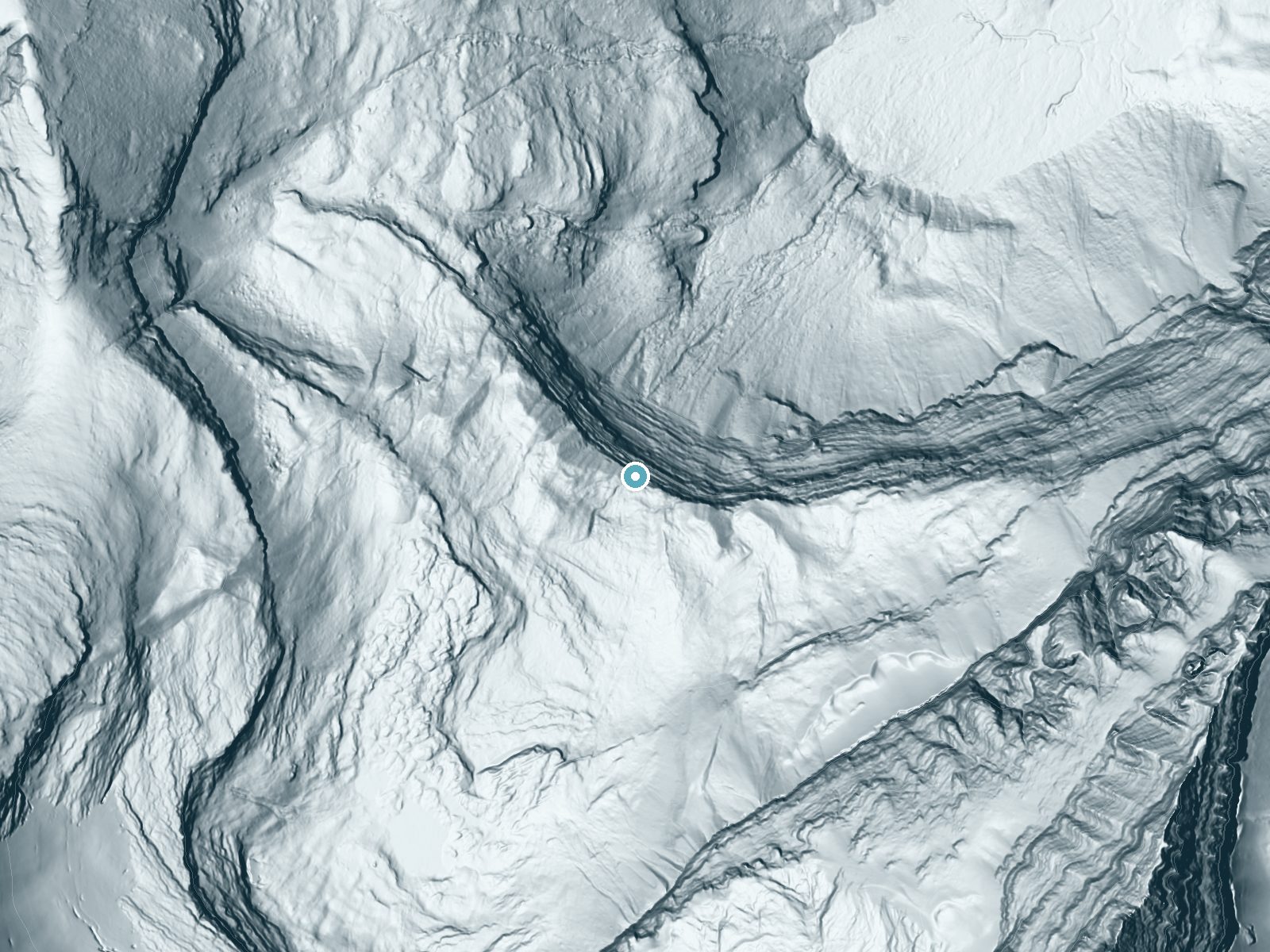 LiDAR bare-earth terrain around Thunderbird Falls near Polebridge, Montana, showing about 440 feet of drop, a single sheer drop, facing northeast