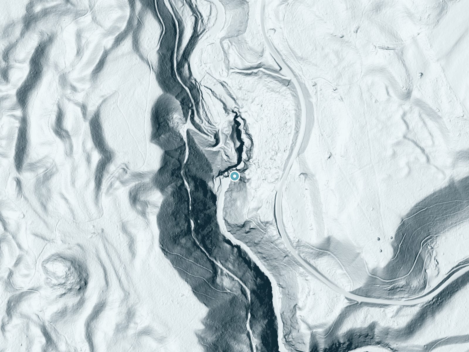 LiDAR bare-earth terrain around Sheep Creek Falls near Northport, Washington, showing about 276 feet of drop, a steep tiered drop, facing southwest