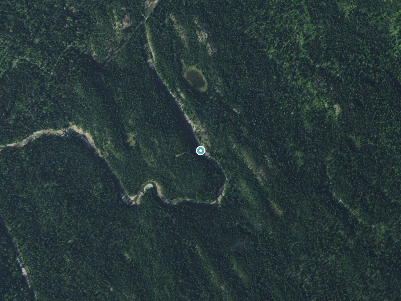 Aerial photo of the same ground around Rainbow Falls near Babb, Montana, for comparison with the lidar view