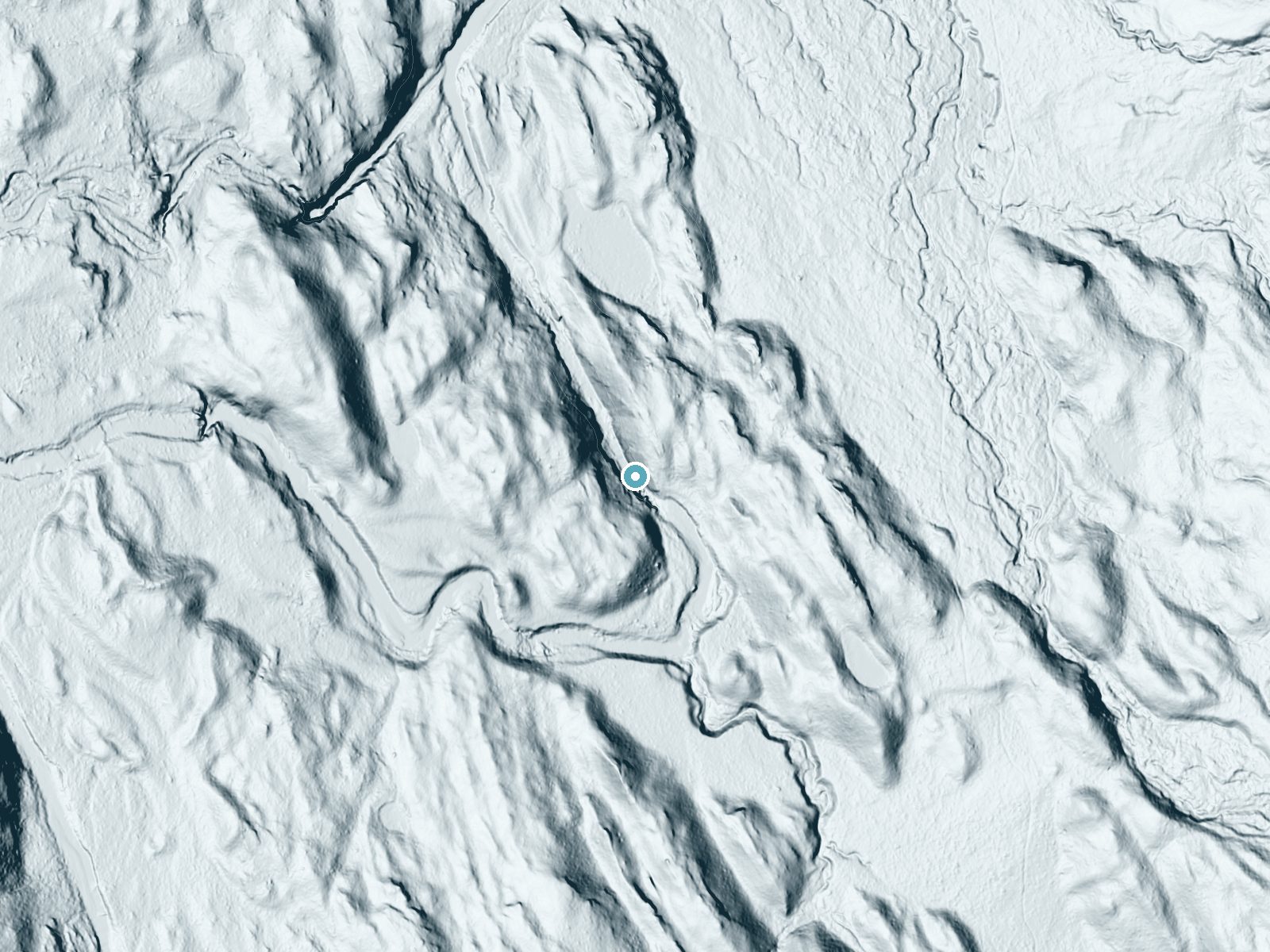 LiDAR bare-earth terrain around Rainbow Falls near Babb, Montana, showing about 90 feet of drop, a steep tiered drop, facing north