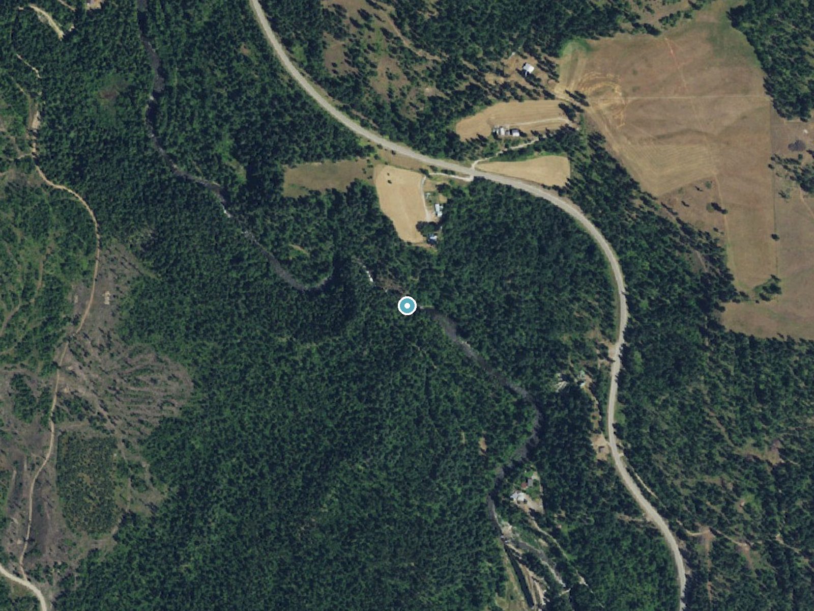 Aerial photo of the same ground around Upper Falls near Northport, Washington, for comparison with the lidar view