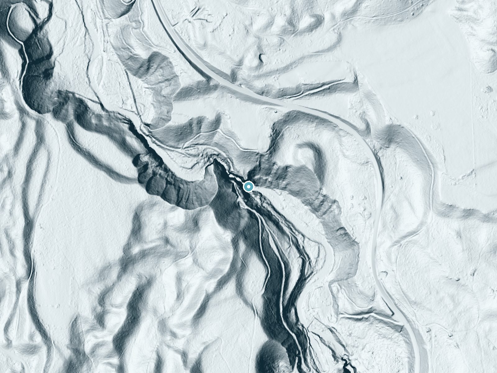 LiDAR bare-earth terrain around Upper Falls near Northport, Washington, showing about 199 feet of drop, a steep tiered drop, facing southeast