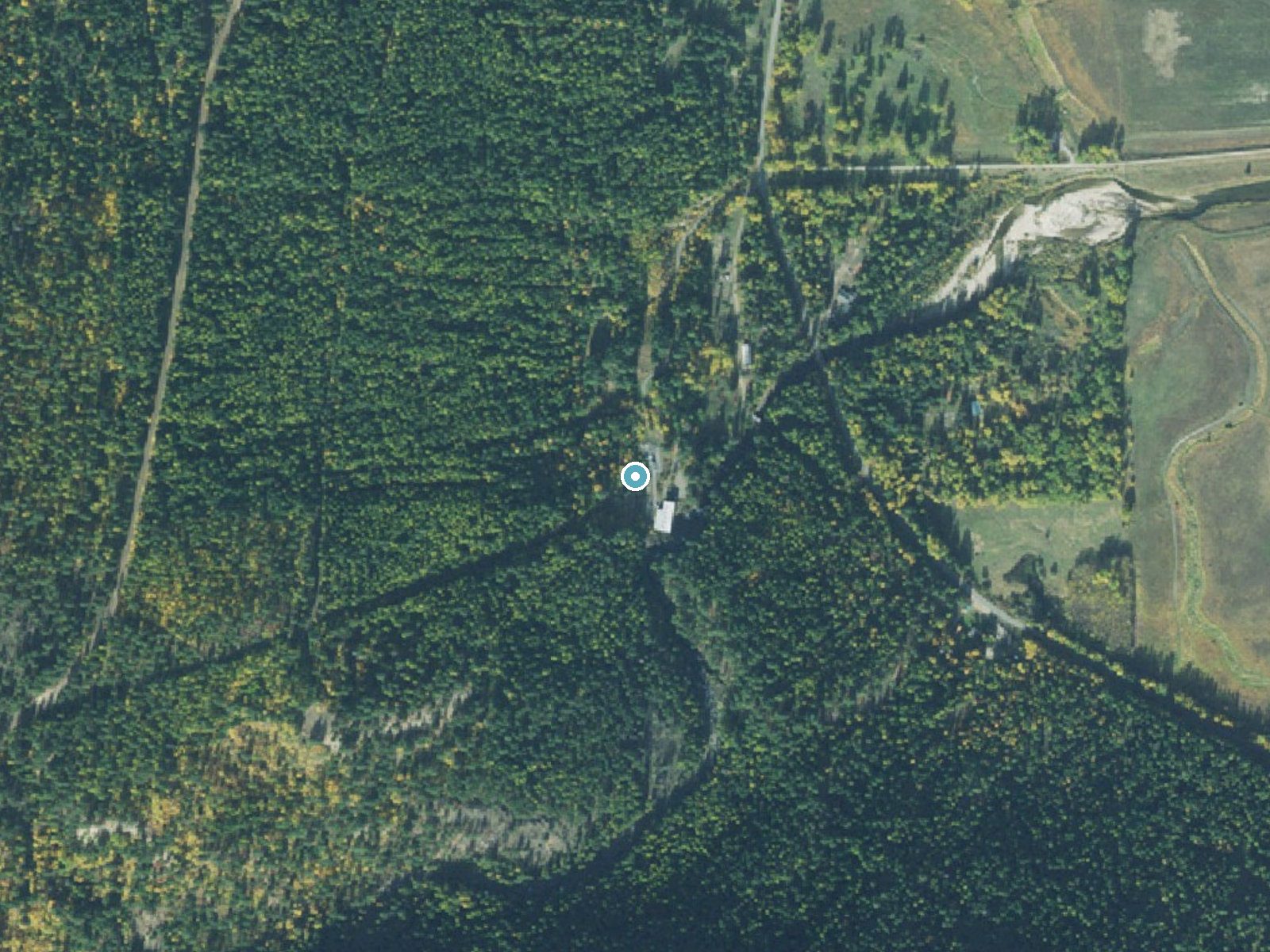 Aerial photo of the same ground around Smith Falls near Bonners Ferry, Idaho, for comparison with the lidar view