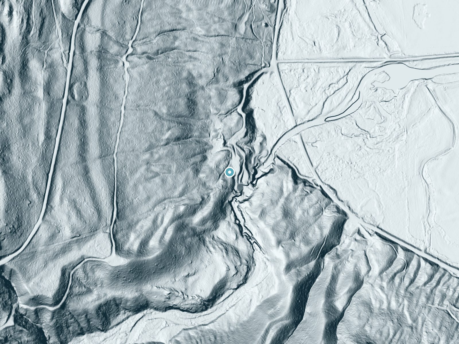 LiDAR bare-earth terrain around Smith Falls near Bonners Ferry, Idaho, showing about 145 feet of drop, a long cascade, facing east