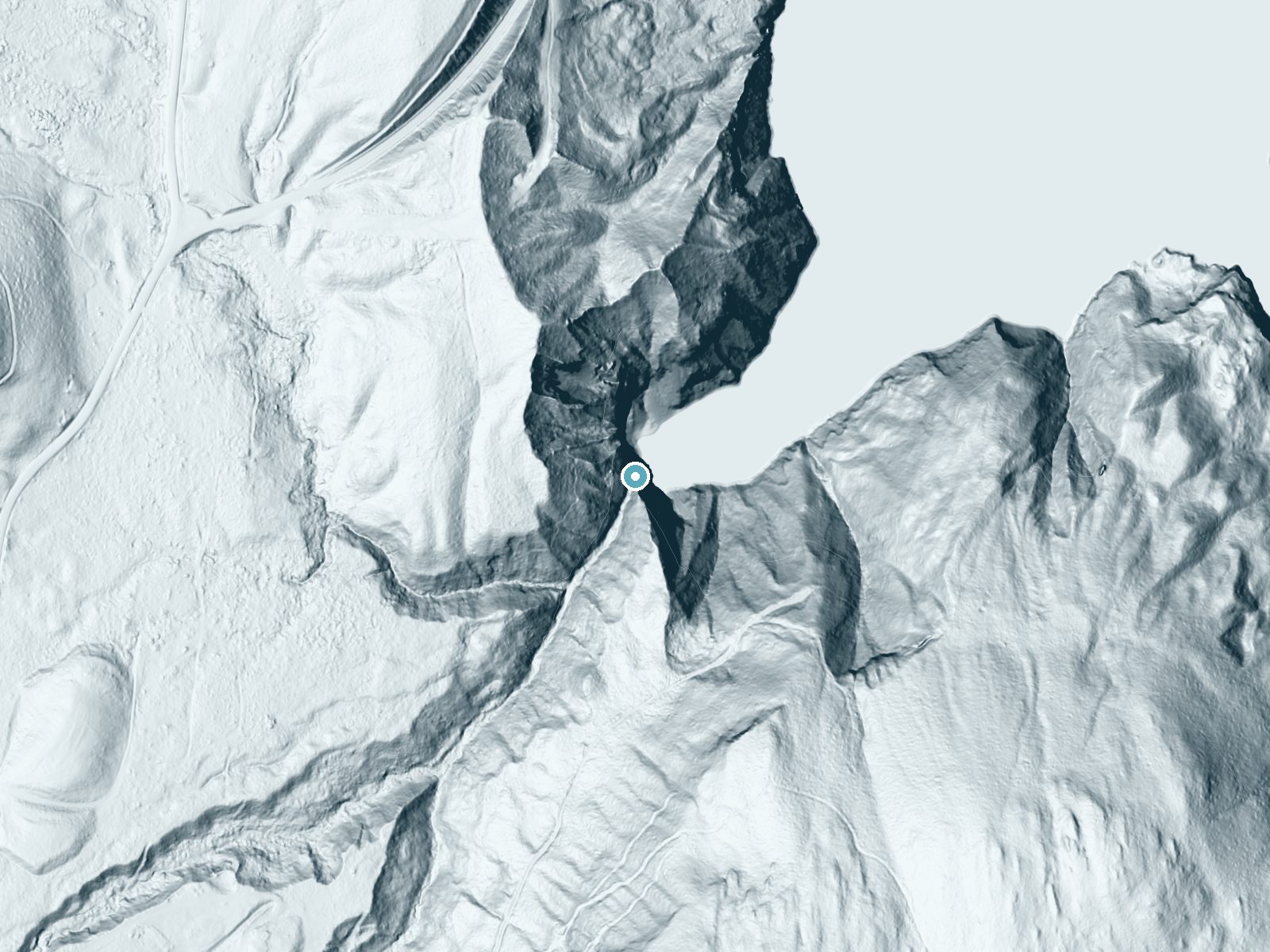 LiDAR bare-earth terrain around Pewee Falls near Metaline Falls, Washington, showing about 410 feet of drop, a single sheer drop, facing northeast
