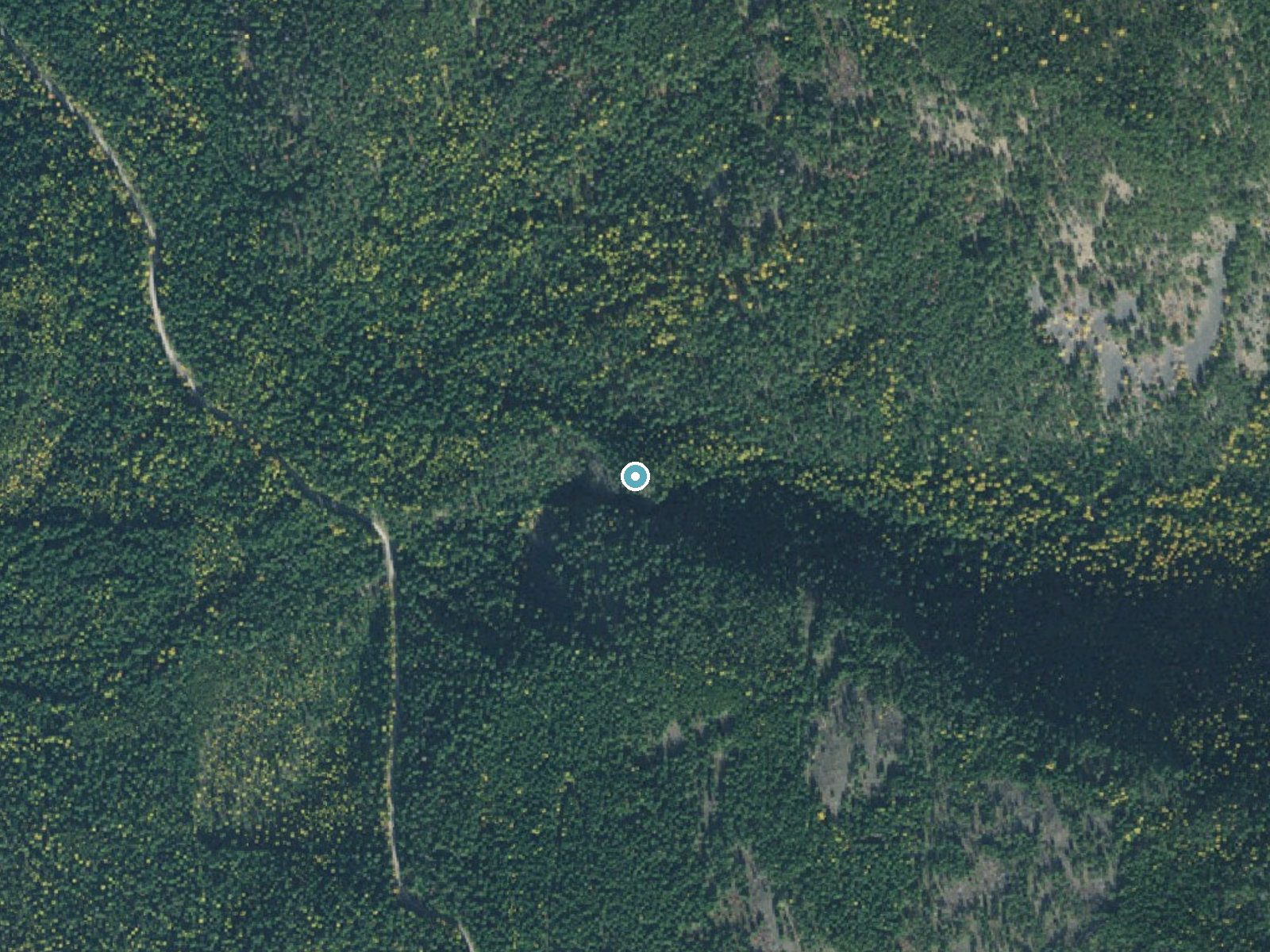 Aerial photo of the same ground around Copper Falls near Moyie Springs, Idaho, for comparison with the lidar view