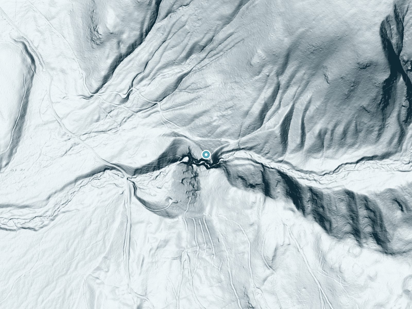 LiDAR bare-earth terrain around Copper Falls near Moyie Springs, Idaho, showing about 330 feet of drop, a steep tiered drop, facing west