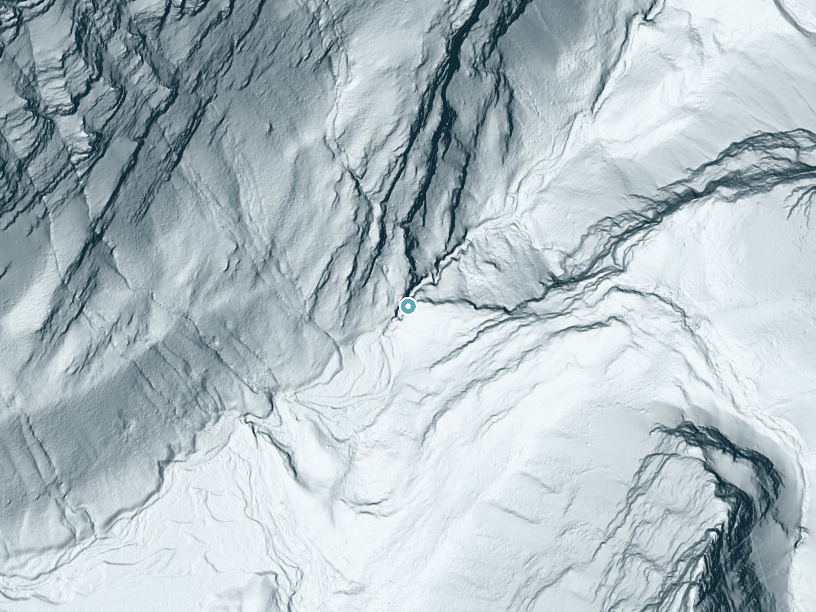 LiDAR bare-earth terrain around Miche Wabun Falls near Babb, Montana, showing about 172 feet of drop, a steep tiered drop, facing northeast
