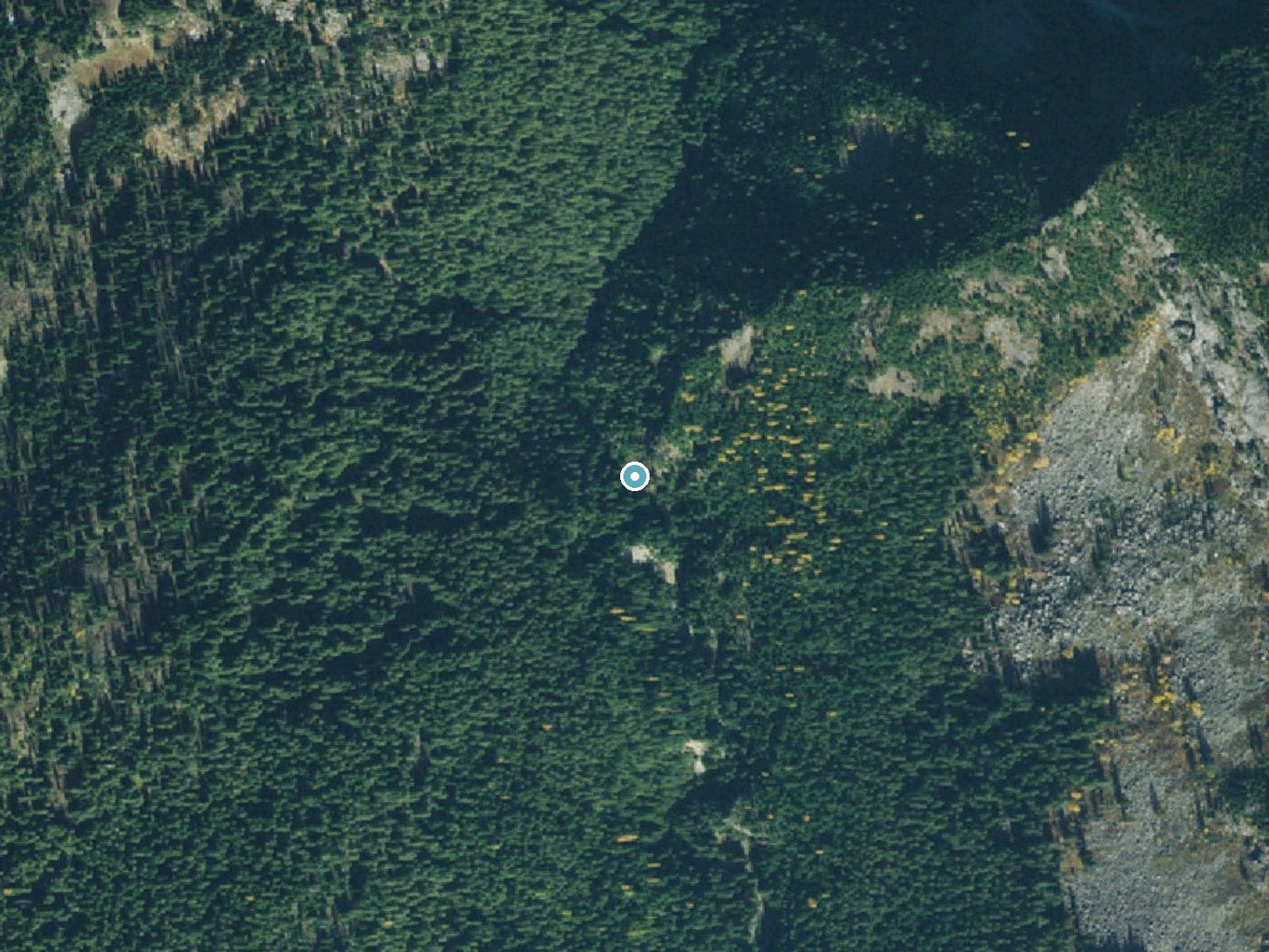 Aerial photo of the same ground around Upper Priest Falls near Metaline Falls, Idaho, for comparison with the lidar view