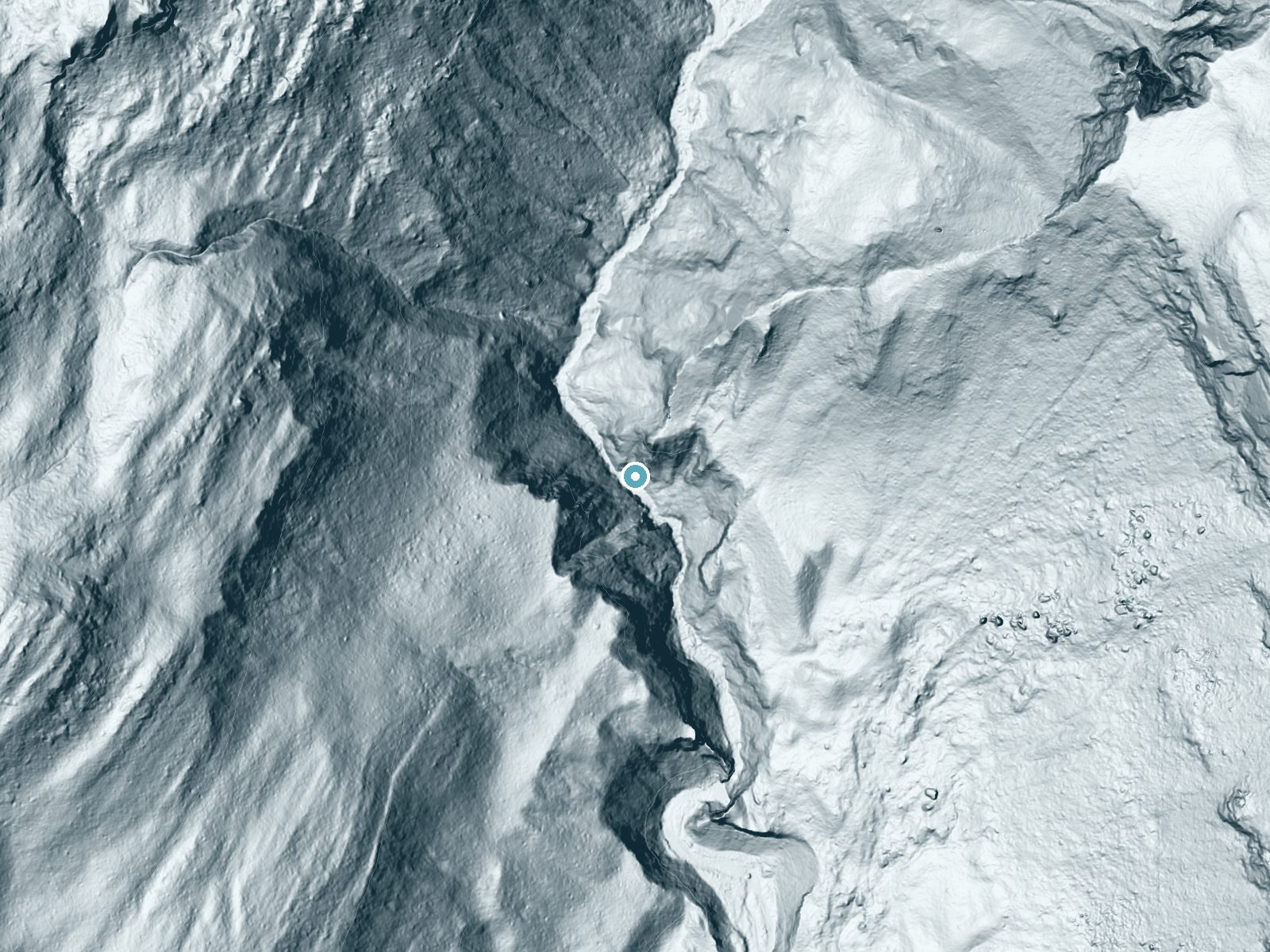 LiDAR bare-earth terrain around Upper Priest Falls near Metaline Falls, Idaho, showing about 306 feet of drop, a single sheer drop, facing south