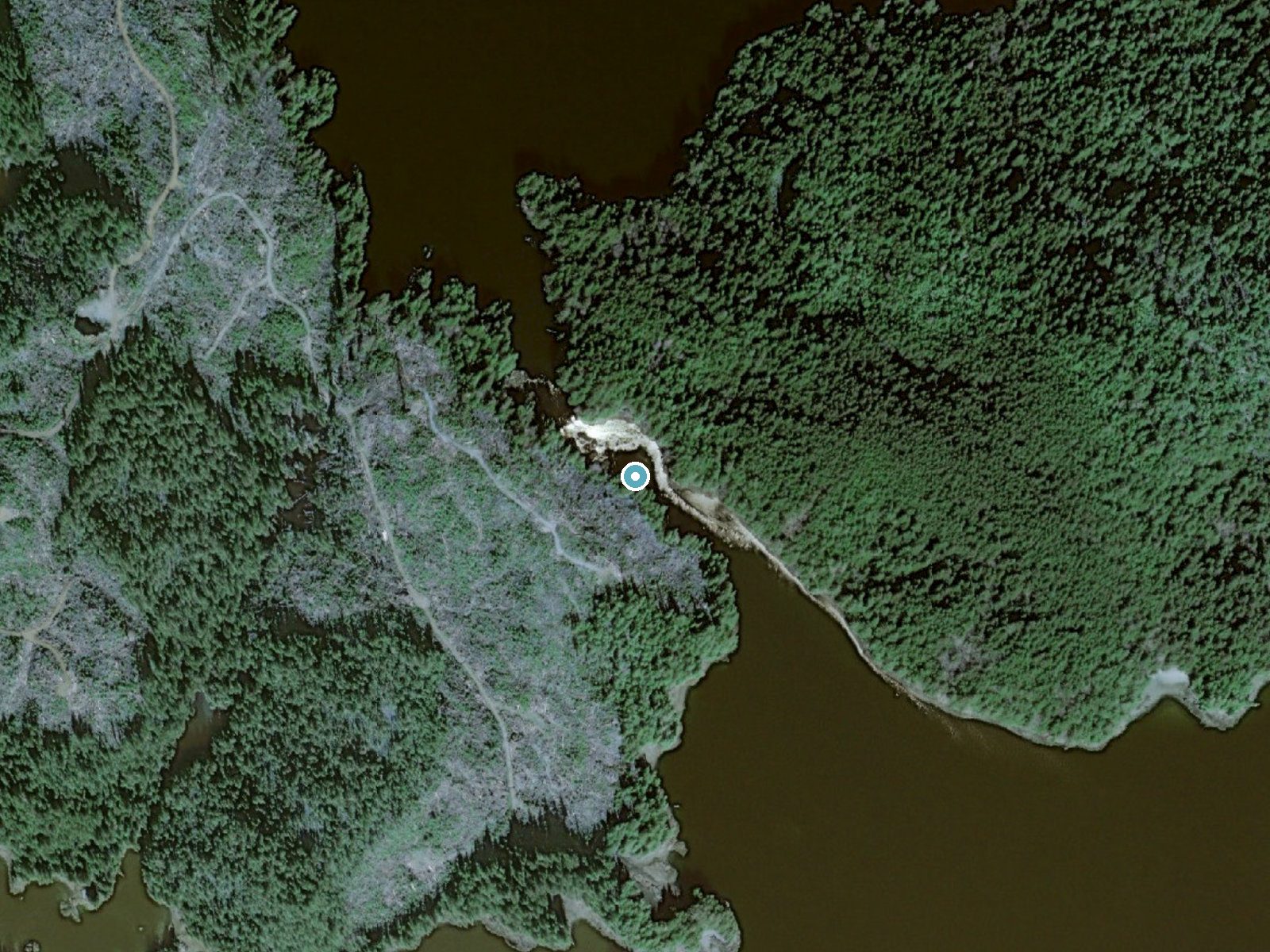 Aerial view of the ground around Nutkwa Falls near Hydaburg, Alaska