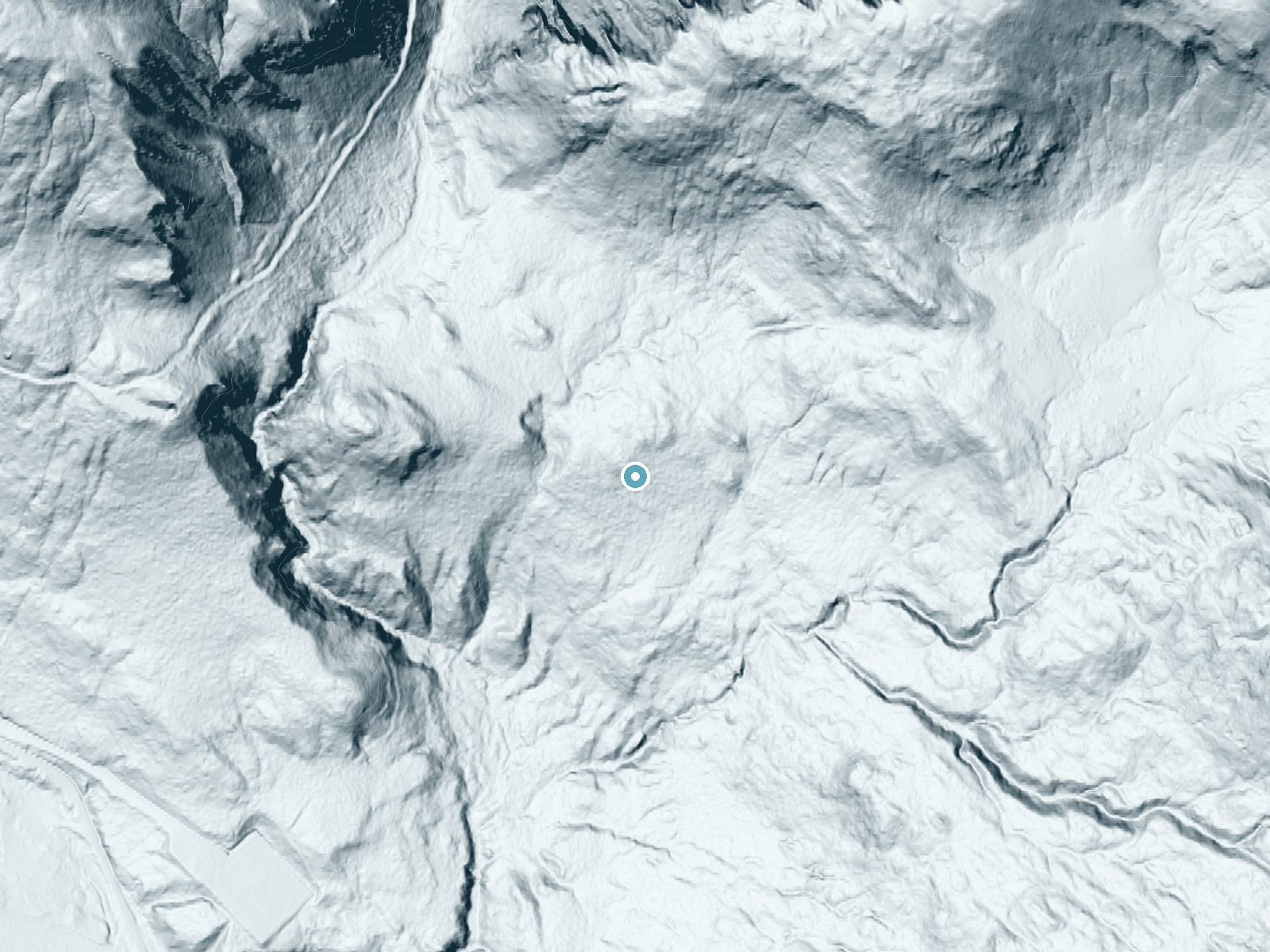 LiDAR bare-earth terrain around Lost Rocker Falls near Juneau, Alaska, showing about 160 feet of drop, a steep tiered drop, facing south