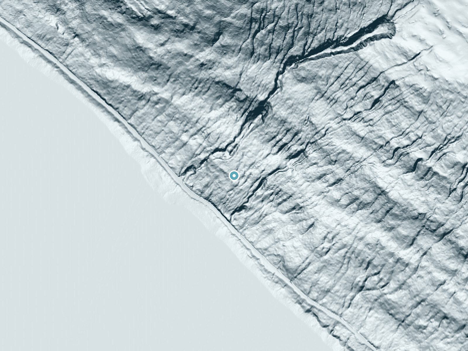 LiDAR bare-earth terrain around Suicide Falls near Juneau, Alaska, showing about 239 feet of drop, a steep tiered drop, facing southwest