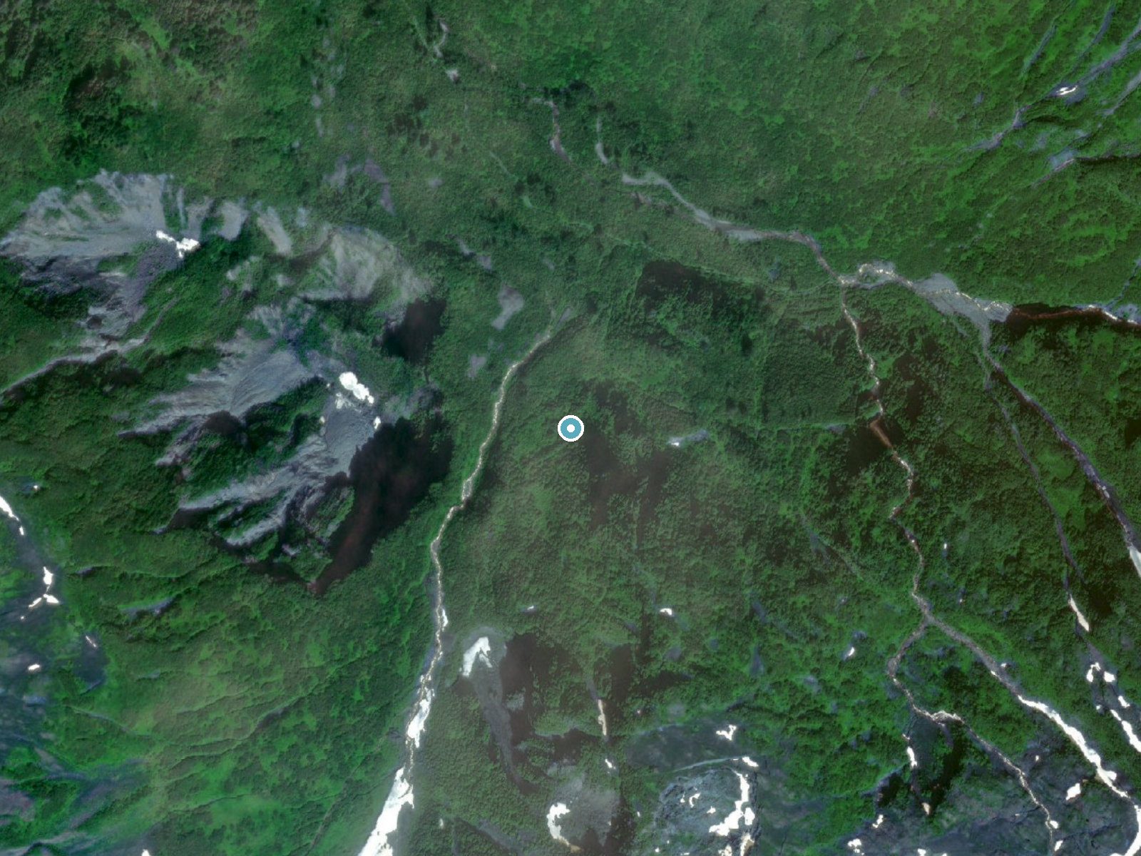 Aerial photo of the same ground around Alaska Chief Falls near Juneau, Alaska, for comparison with the lidar view