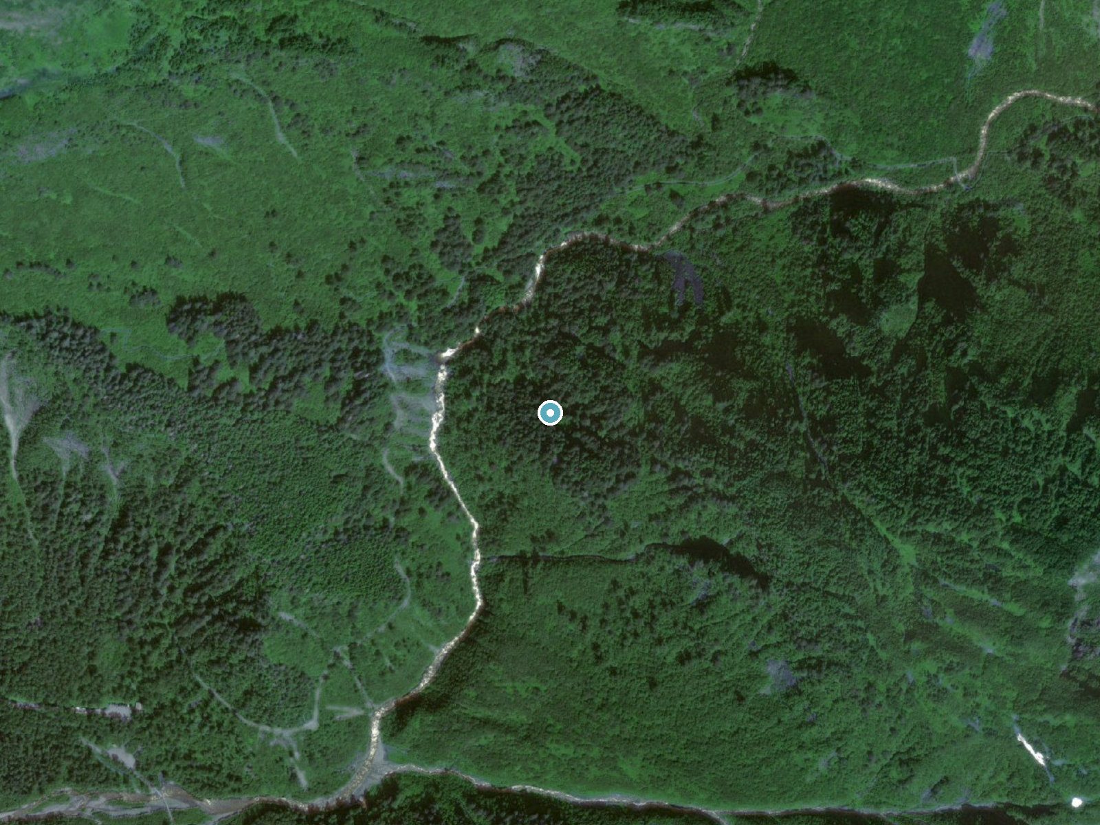 Aerial photo of the same ground around Ebner Falls near Juneau, Alaska, for comparison with the lidar view