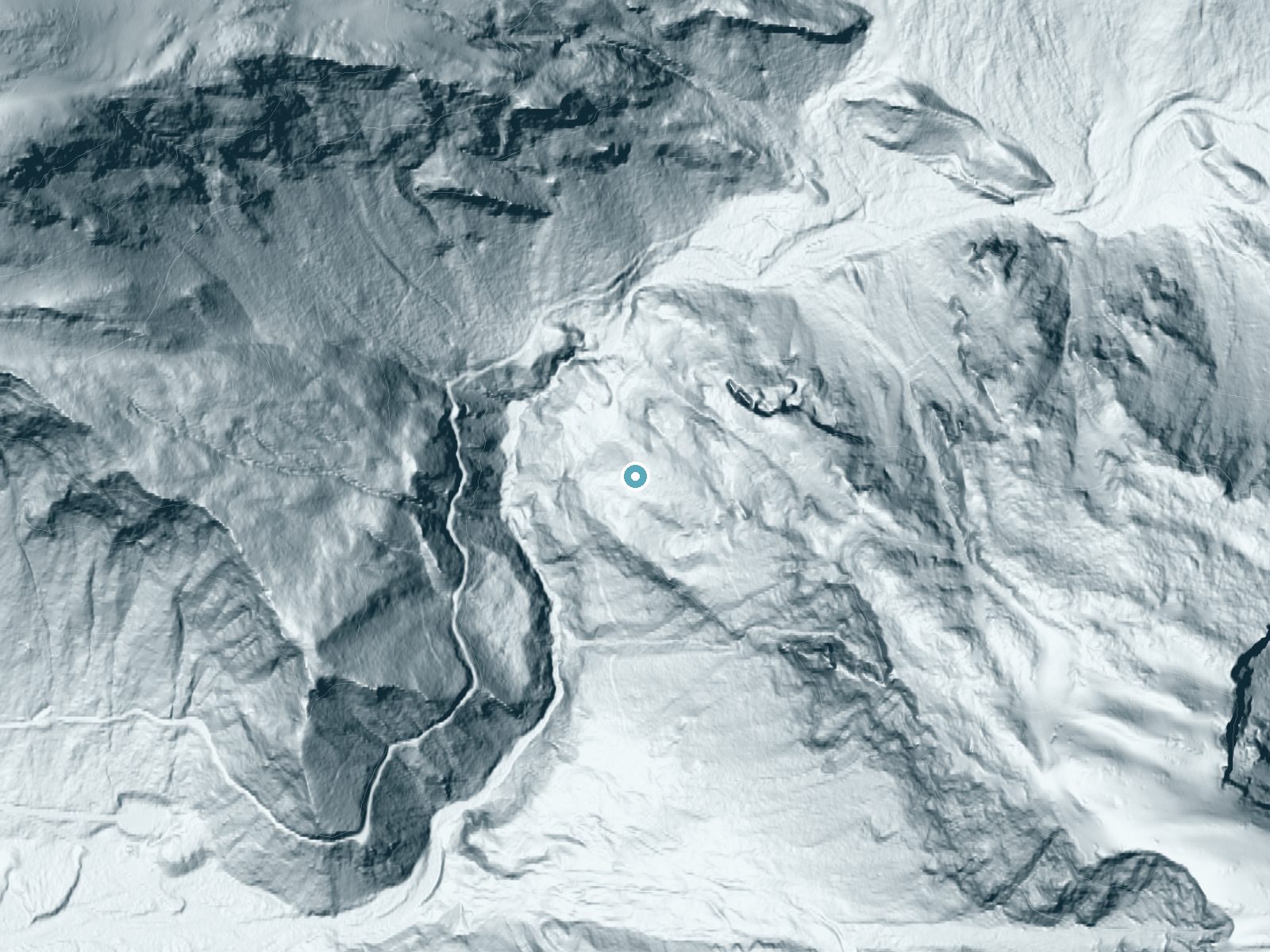 LiDAR bare-earth terrain around Ebner Falls near Juneau, Alaska, showing about 263 feet of drop, a steep tiered drop, facing west