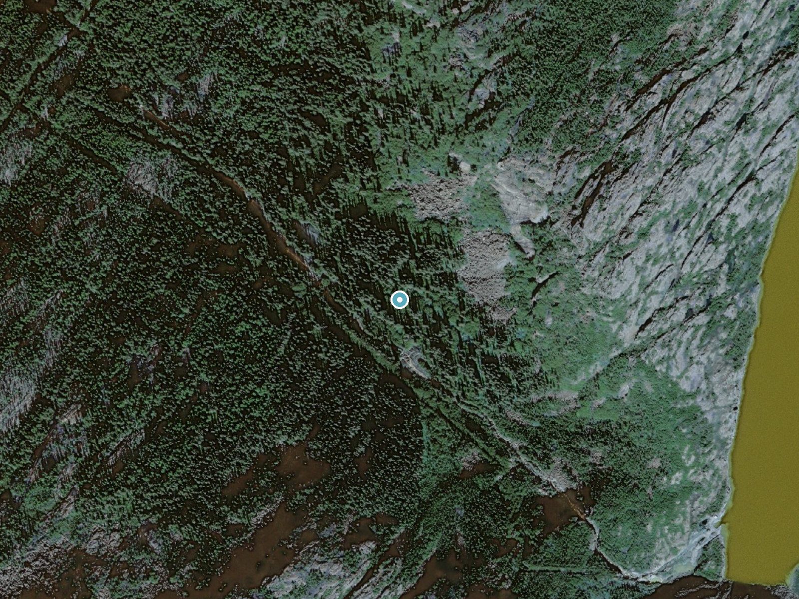 Aerial view of the ground around Pitchfork Falls near Skagway, Alaska