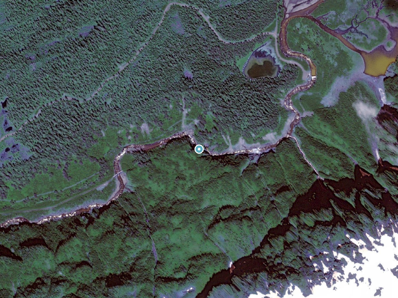 Aerial view of the ground around Ohman Falls near Cordova, Alaska