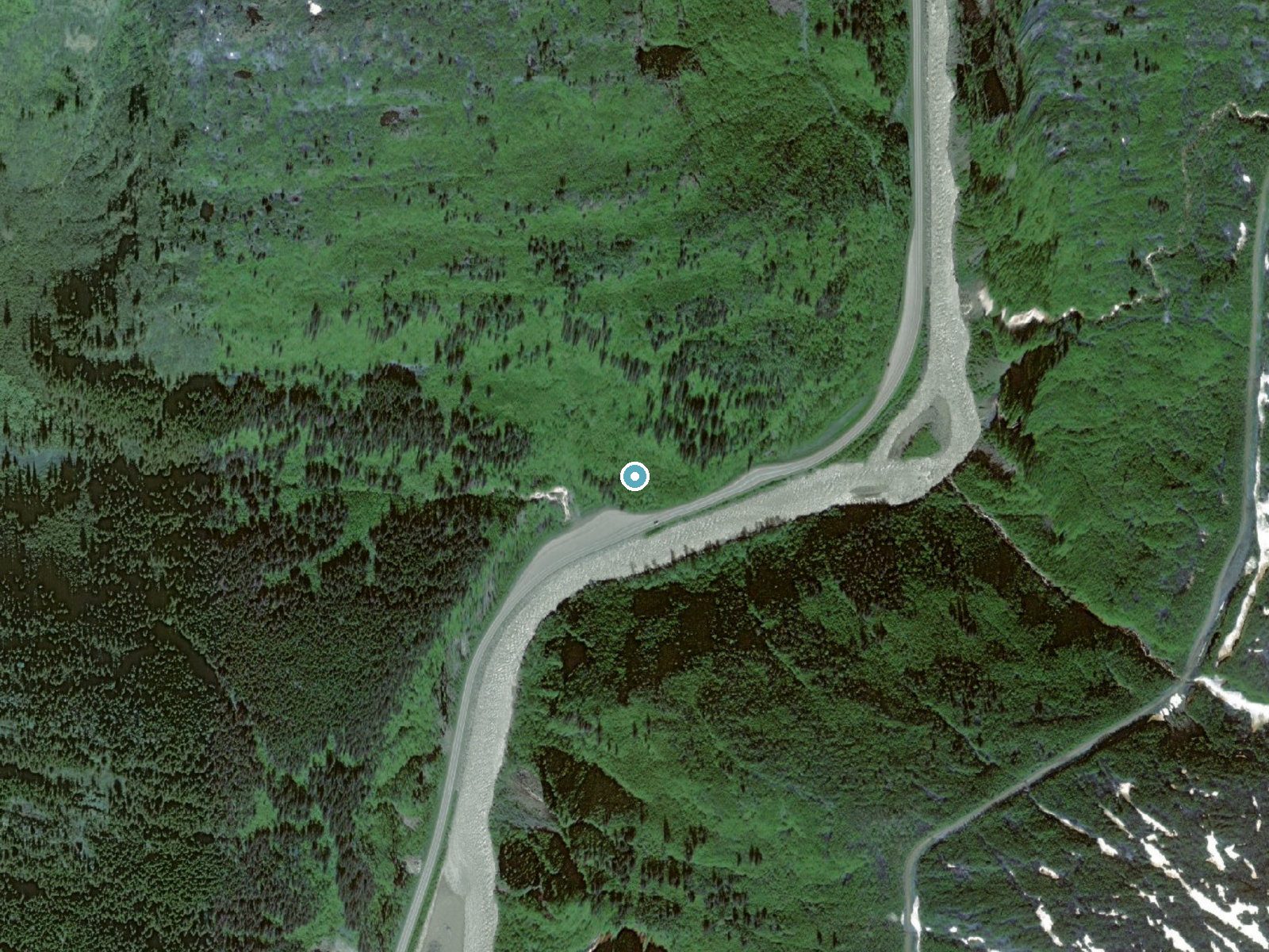 Aerial photo of the same ground around Horsetail Falls near Valdez, Alaska, for comparison with the lidar view