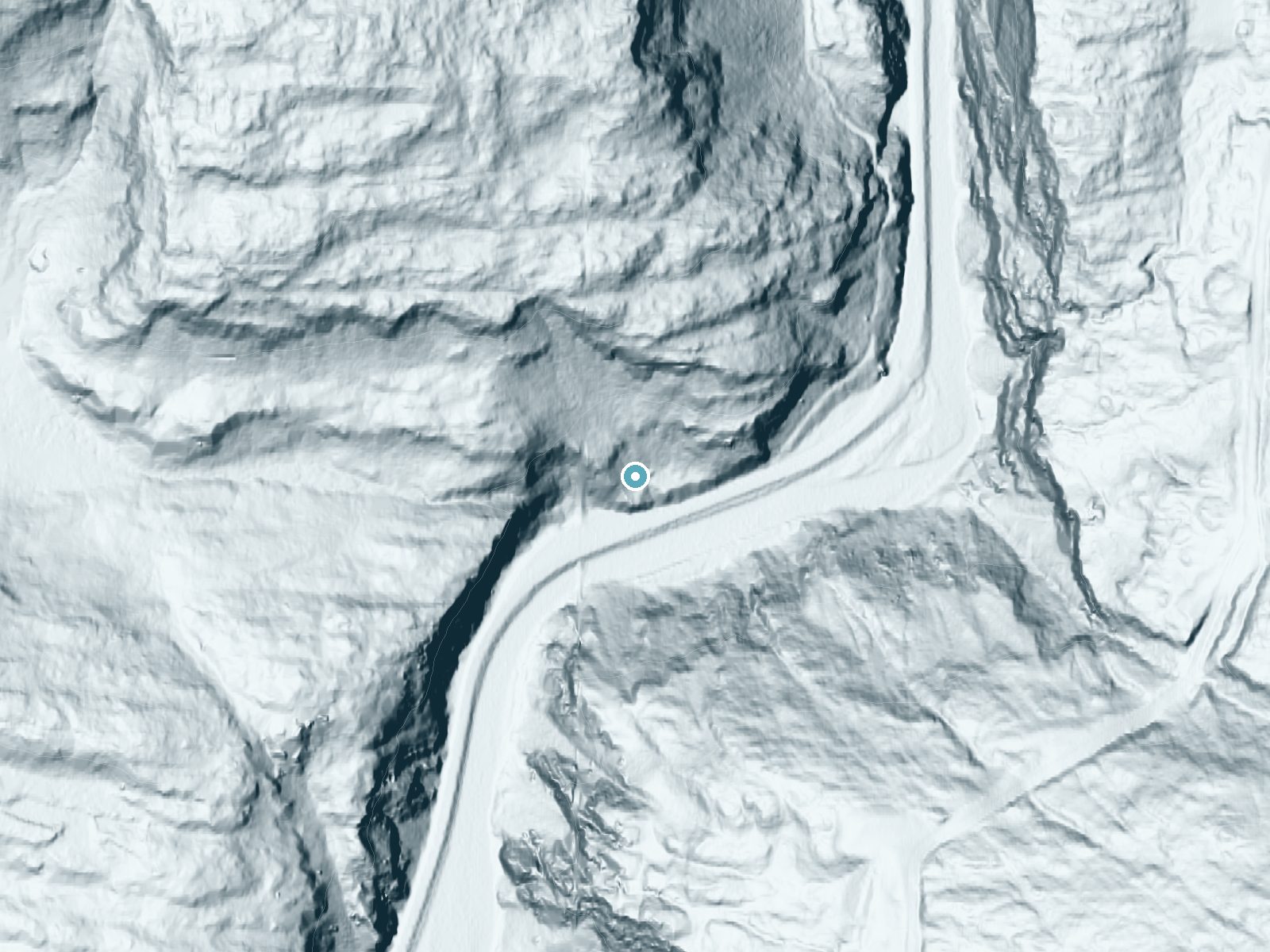 LiDAR bare-earth terrain around Horsetail Falls near Valdez, Alaska, showing about 272 feet of drop, a steep tiered drop, facing south