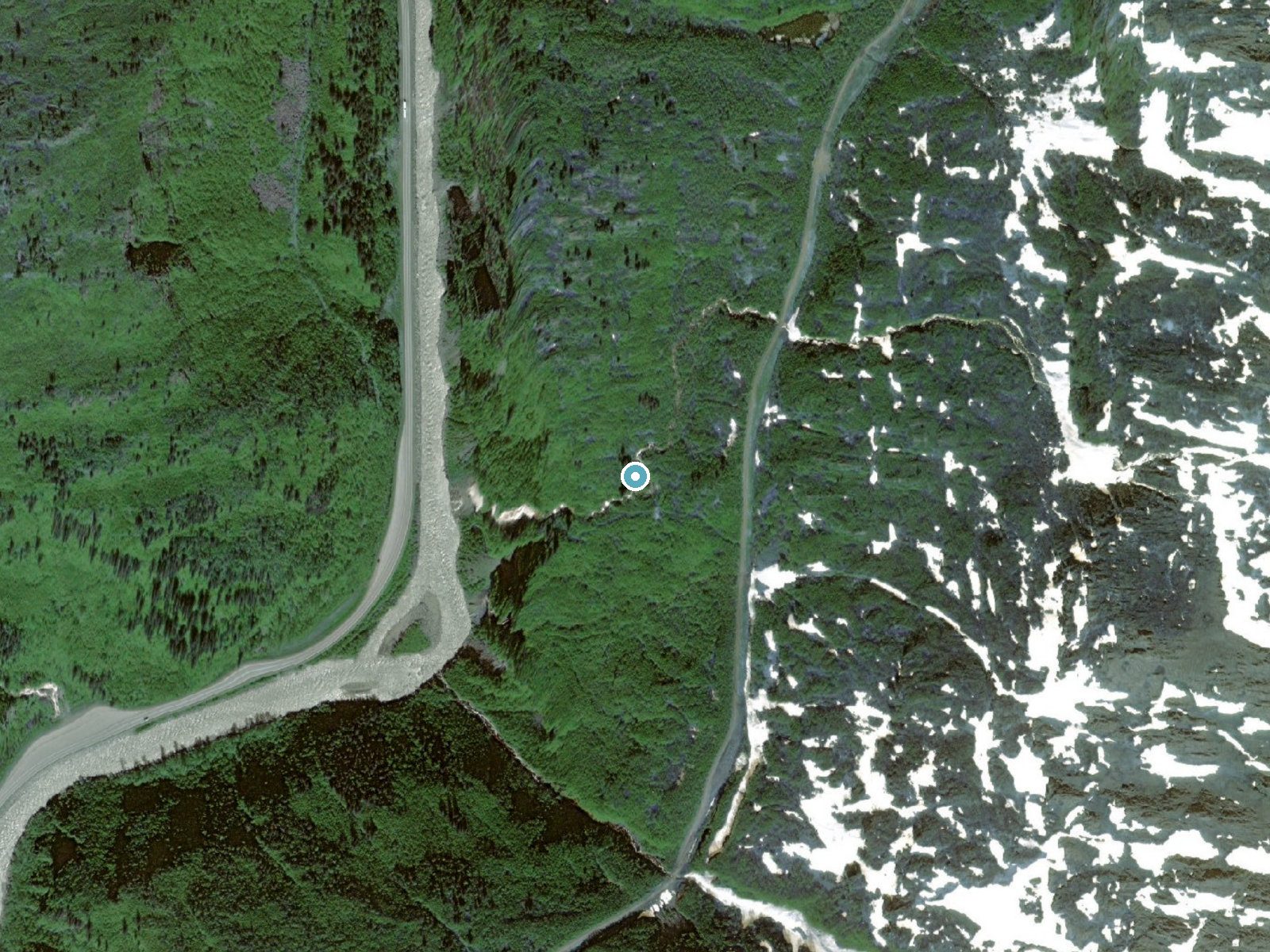 Aerial photo of the same ground around Bridal Veil Falls near Valdez, Alaska, for comparison with the lidar view