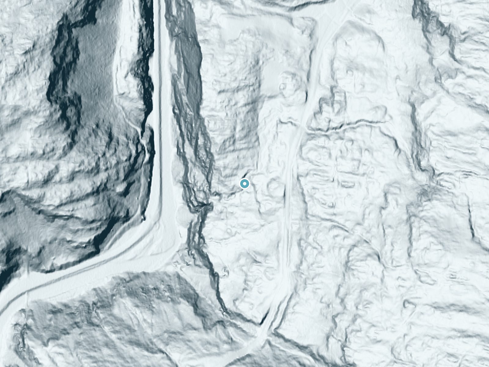 LiDAR bare-earth terrain around Bridal Veil Falls near Valdez, Alaska, showing about 165 feet of drop, a steep tiered drop, facing southwest