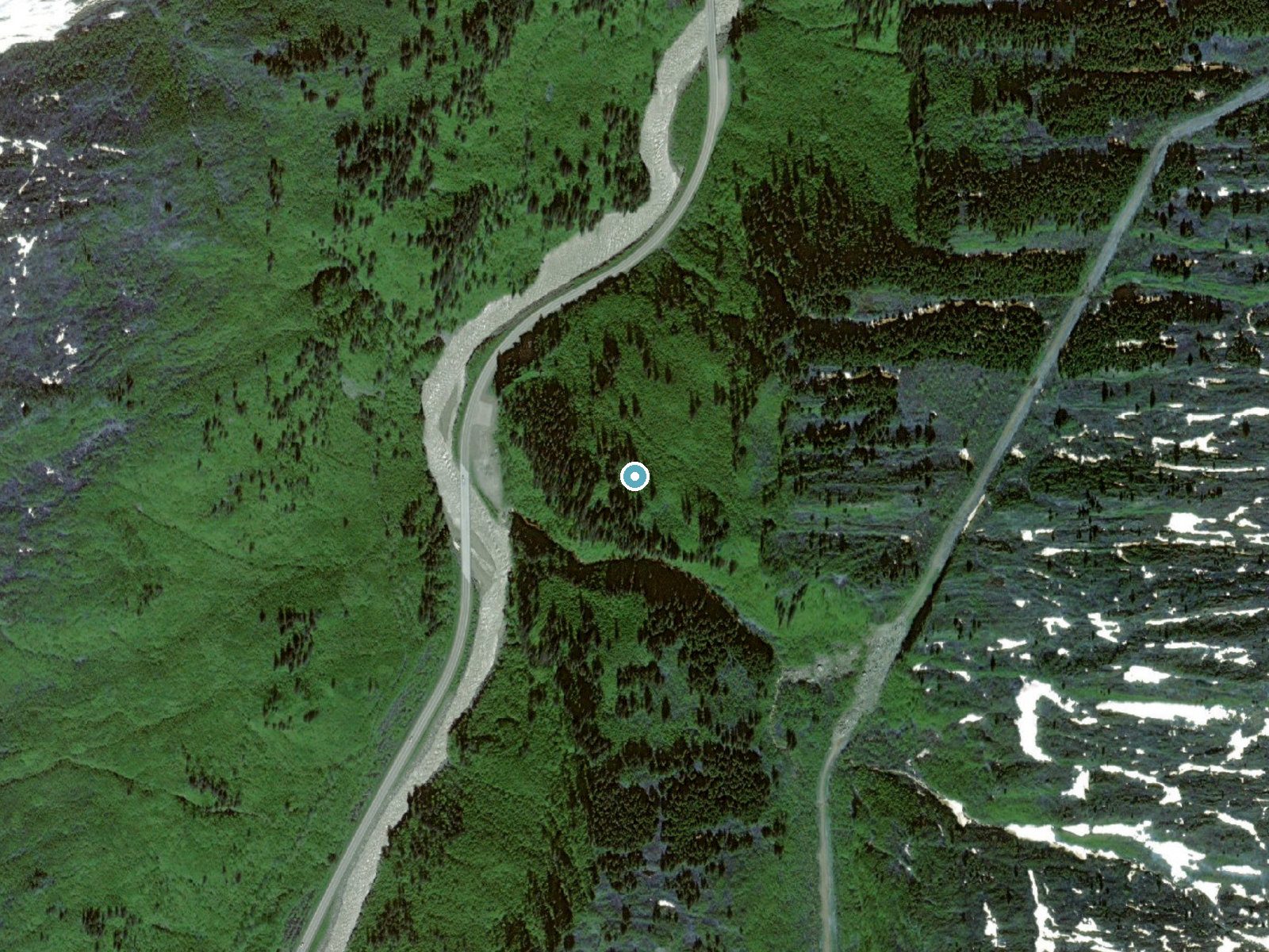 Aerial photo of the same ground around Rudleston Falls near Valdez, Alaska, for comparison with the lidar view