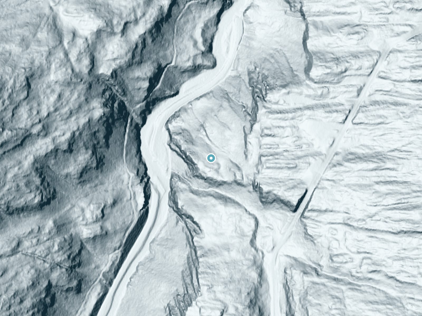 LiDAR bare-earth terrain around Rudleston Falls near Valdez, Alaska, showing about 233 feet of drop, a steep tiered drop, facing northwest