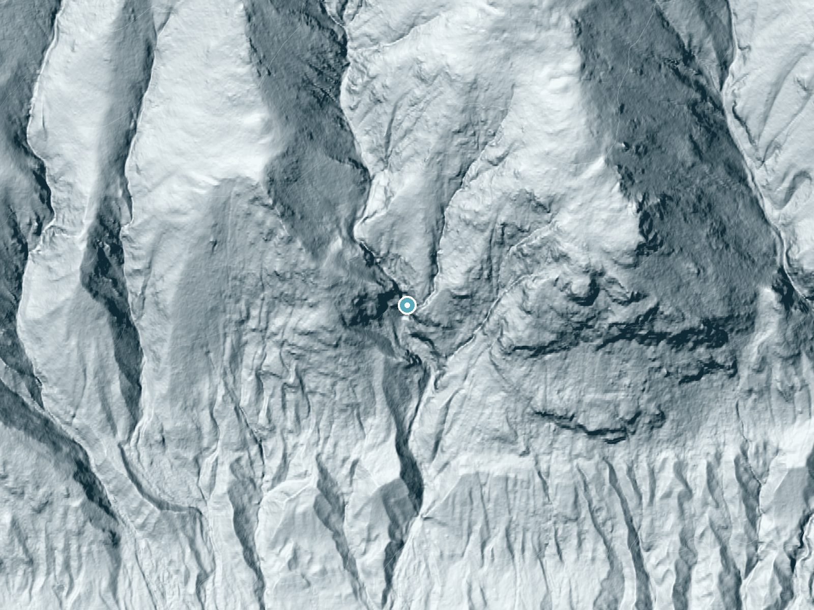 LiDAR bare-earth terrain around Rotary Falls near Fishhook, Alaska, showing about 452 feet of drop, a steep tiered drop, facing south